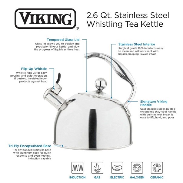 Viking 2.5 Qt Stainless Steel Whistling Kettle W/ 3-Ply Base