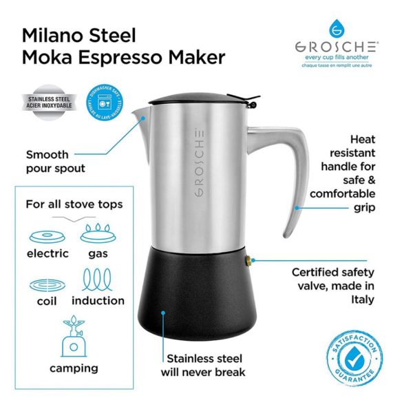 Grosche Milano Steel Stainless Steel Stovetop Espresso Maker Moka