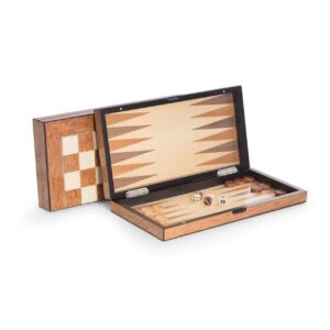 Brown Inlaid Wood Backgammon & Chess Set