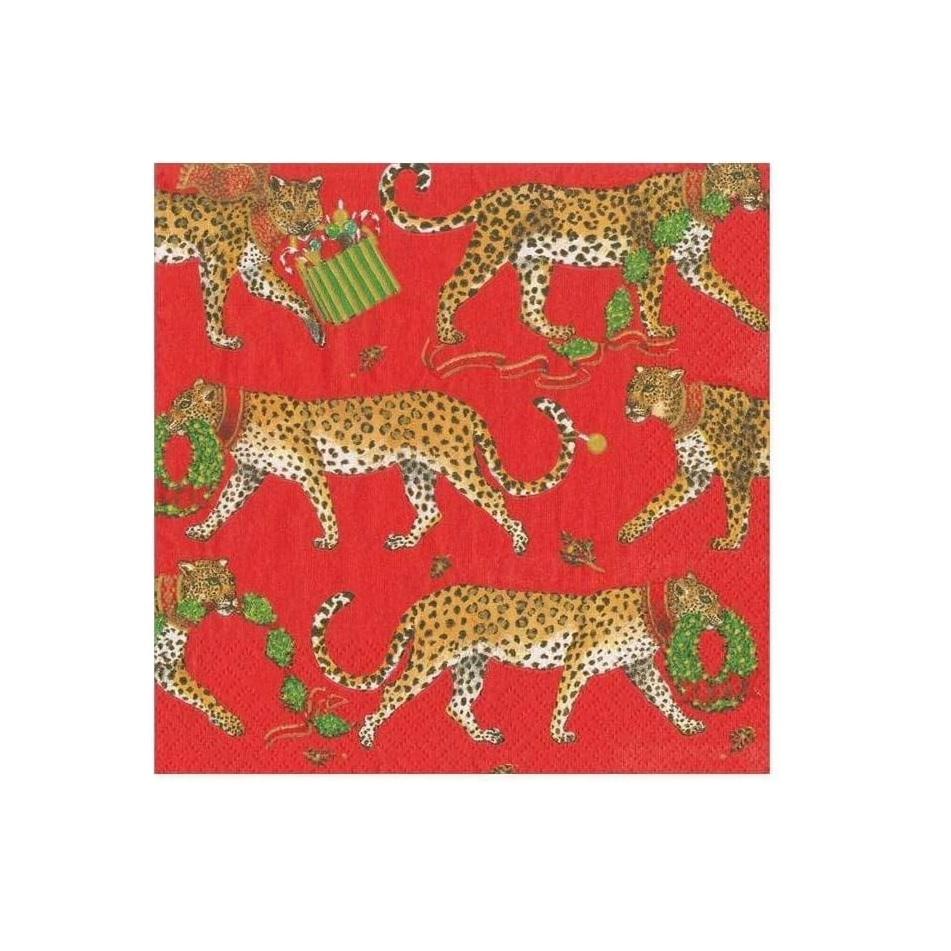 Caspari Christmas Leopards Paper Cocktail Napkins - Red