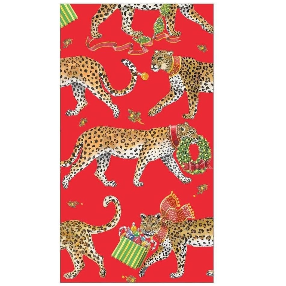 Caspari Christmas Leopards Paper Guest Napkins - Red