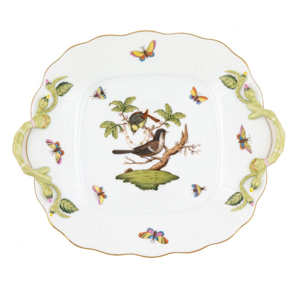 Herend Rothschild Bird Square Cake Plate With Handles