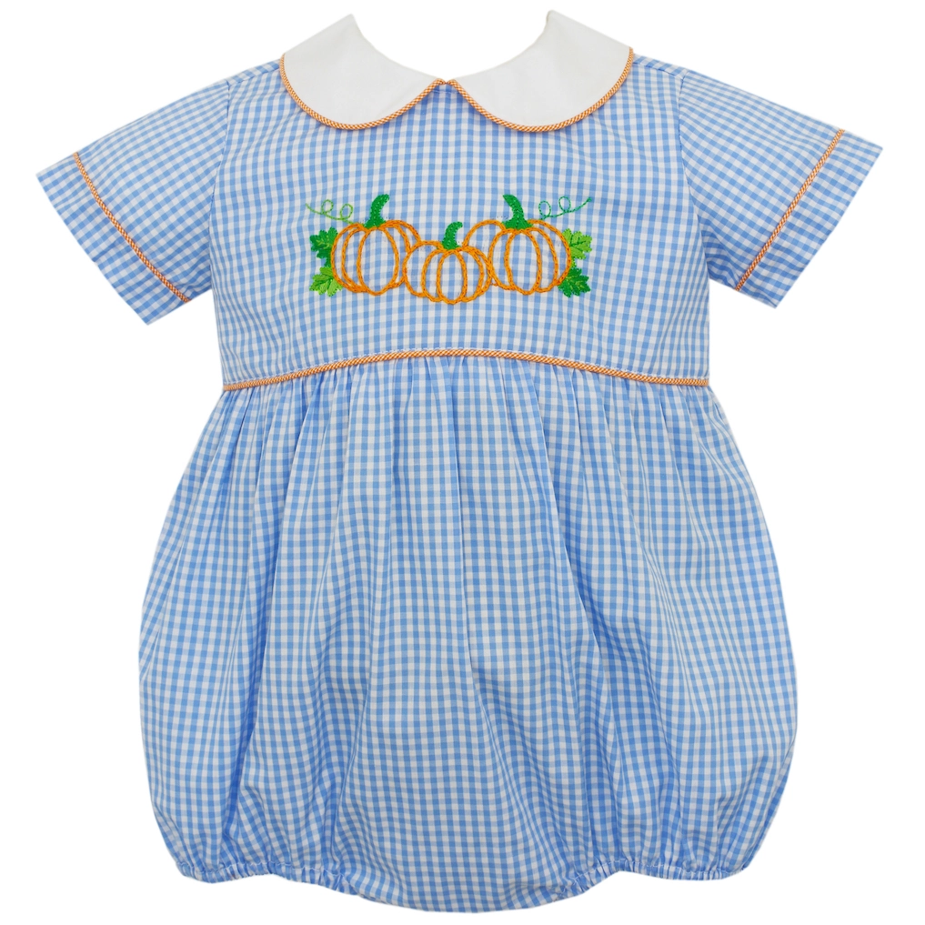 Anavini Light Blue Gingham Embroidered Pumpkins Bubble