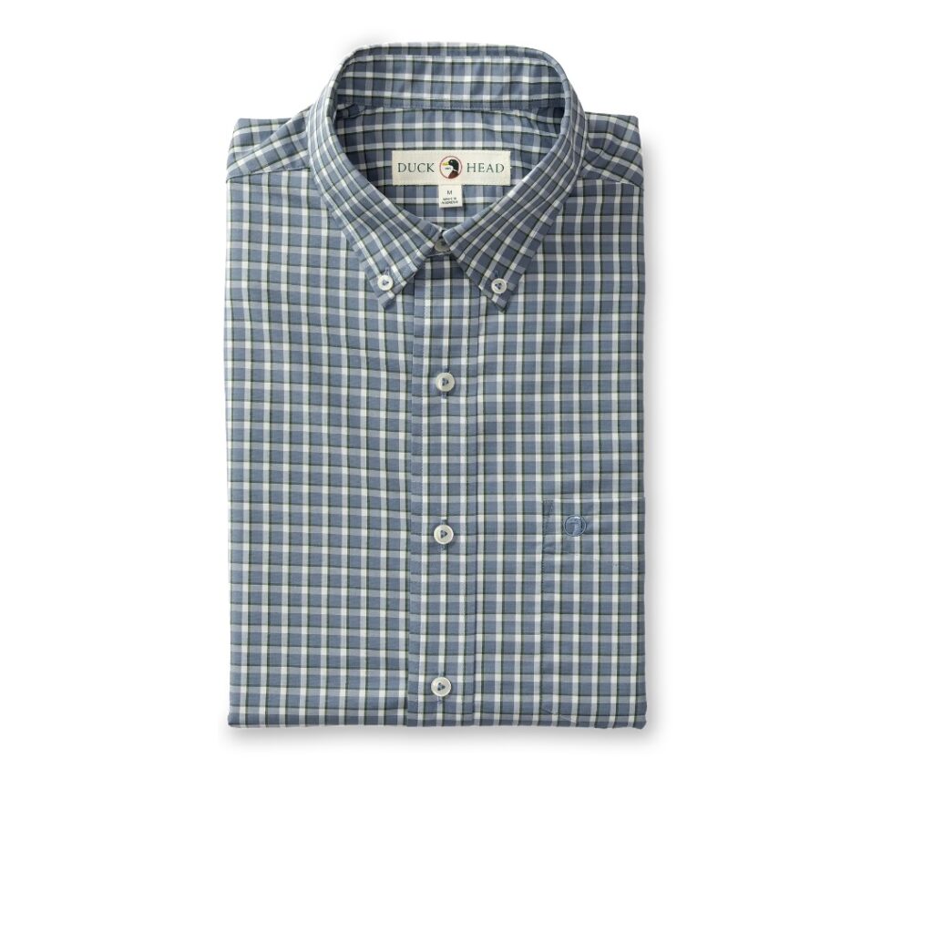 Harrell Plaid Performance Long Sleeve Poplin Sport Shirt - Stone Blue