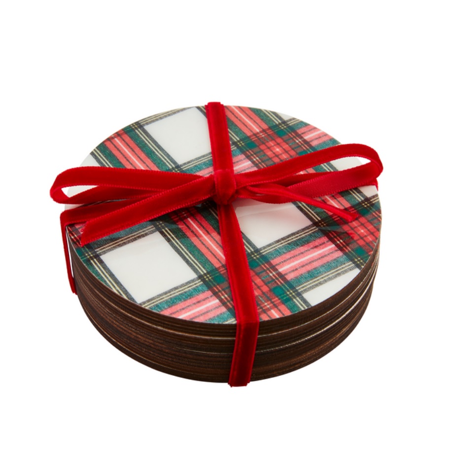 Mud Pie White Tartan Lacquer Coaster Set