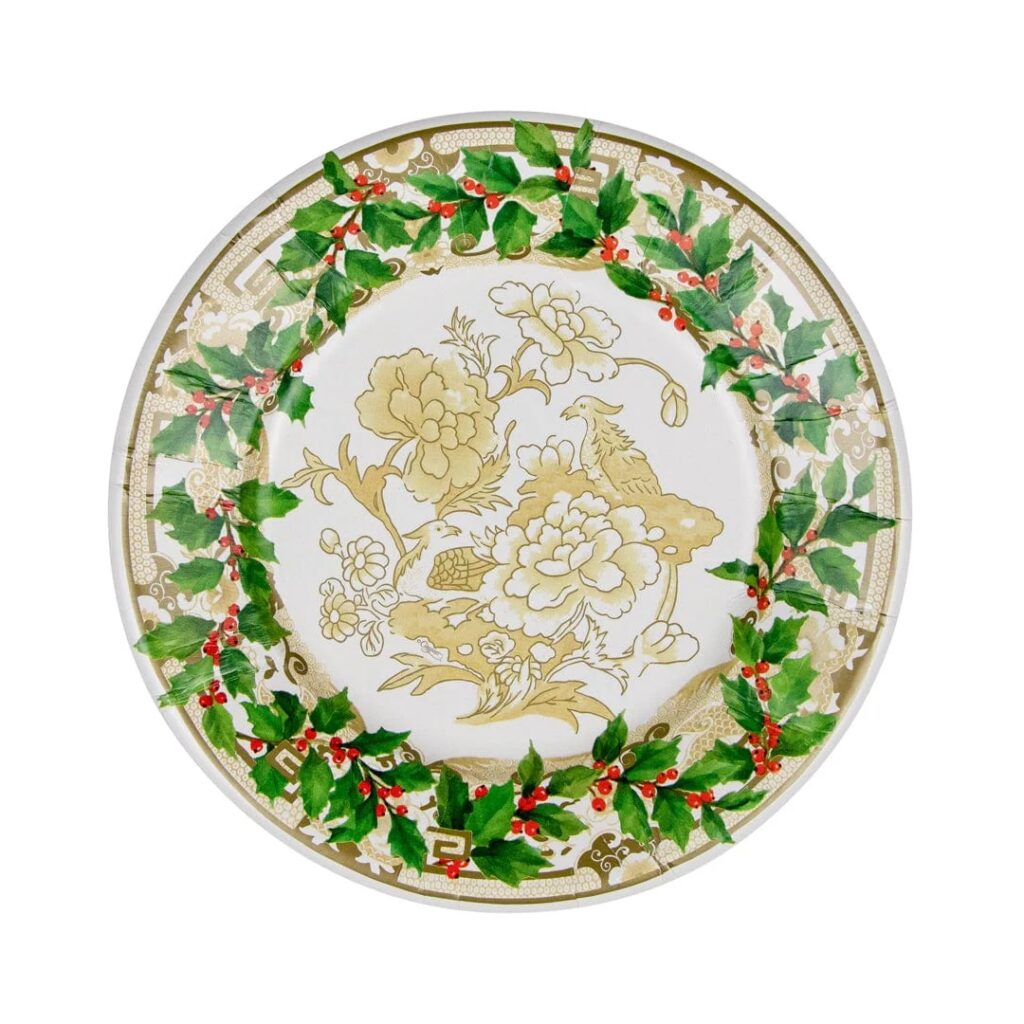 Caspari Holly Ceramic Ivory & Gold Salad & Dessert Paper Plates