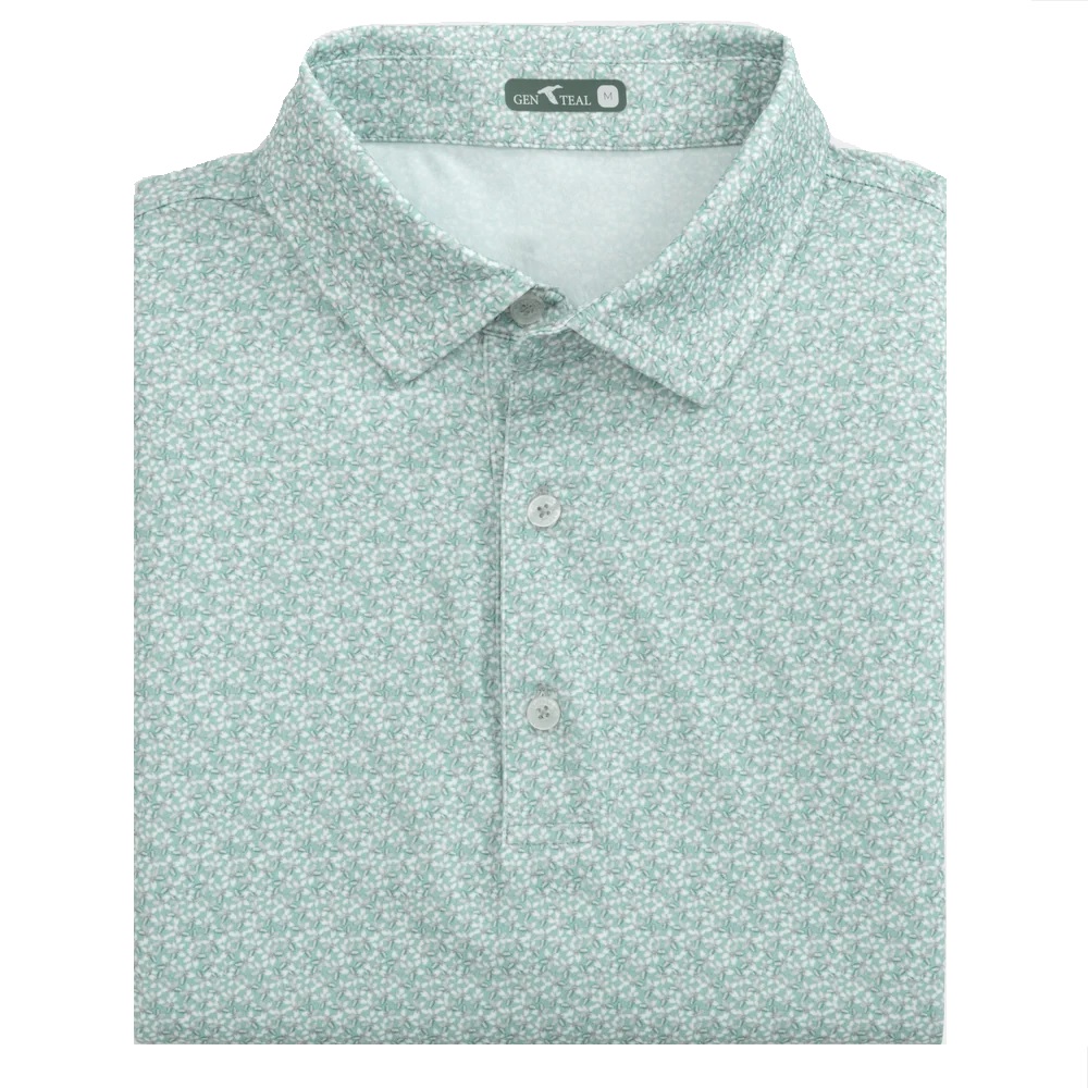 Genteal Plumeria Printed Performance Short Sleeve Polo - Green